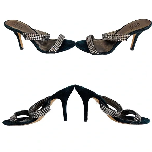 Black Suede Dressy Formal Sexy High Heel Leather Sandals Rhinestone Size 7.5 EUC - Picture 3 of 6